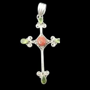 Sterling Cross Pendant with Coral and Peridot